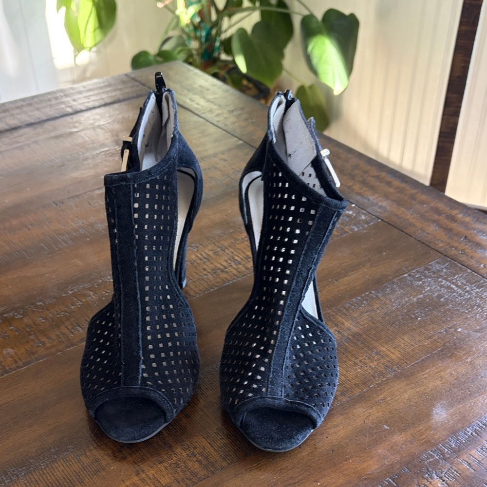 Eric Michael Black Perforated Peep-Toe Block Heels